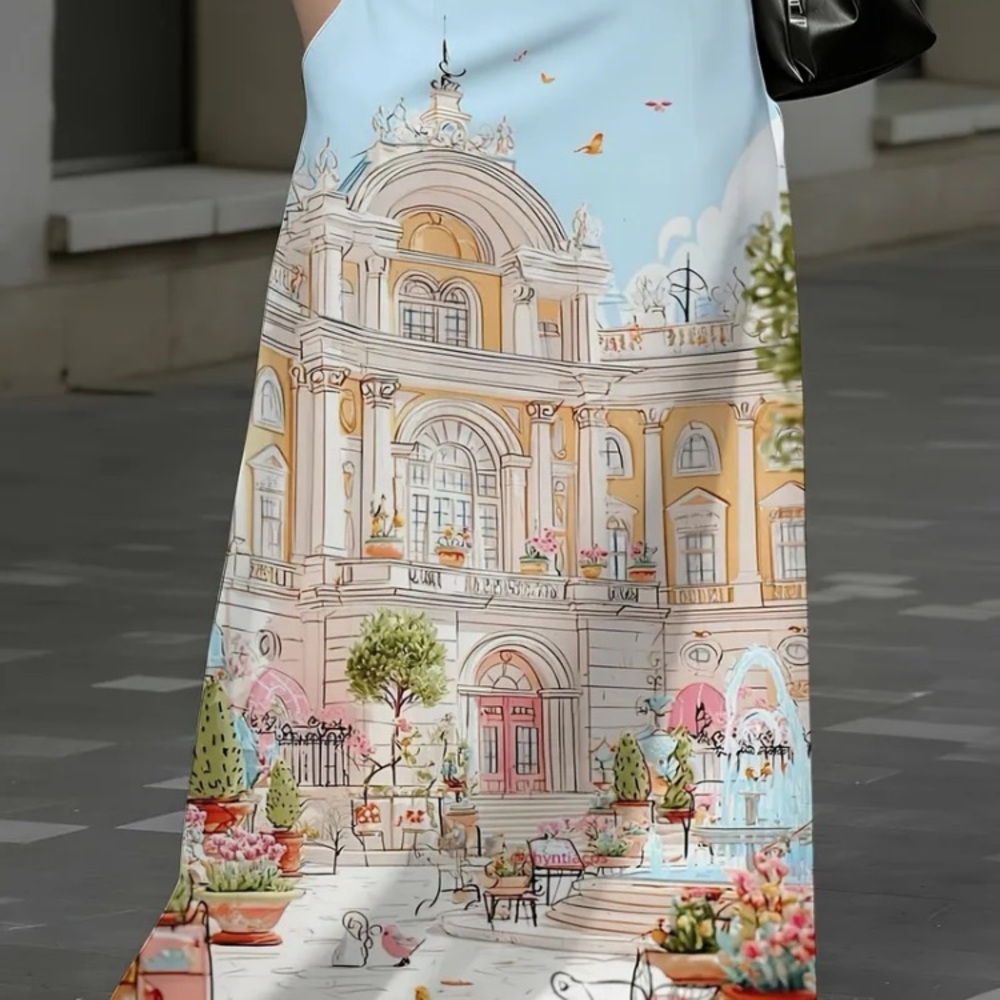 Printed A-Line Maxi Skirt in Pastel Scenic Print